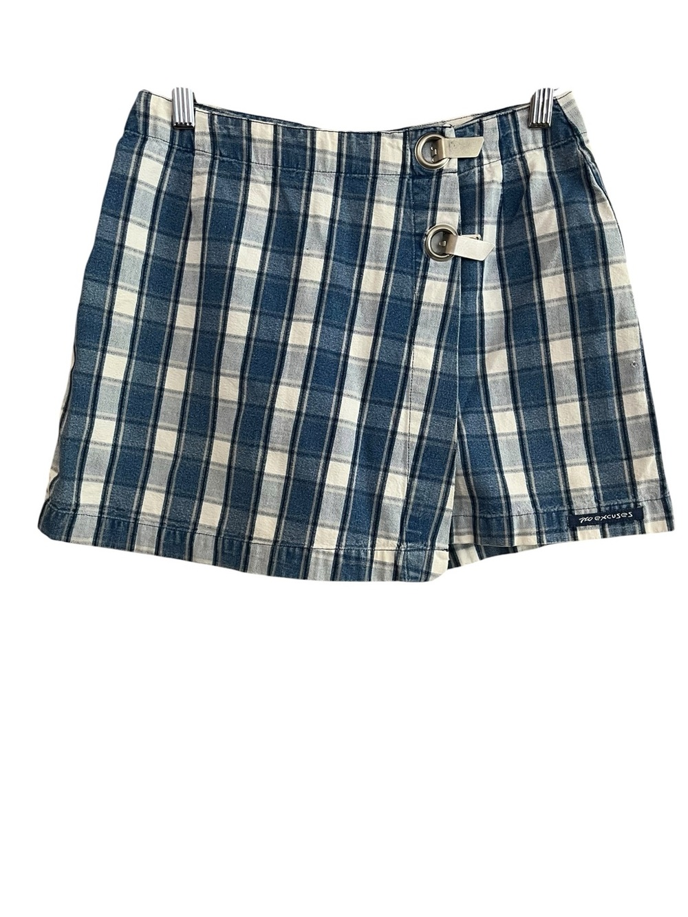 VTG No Excuses Plaid Skort Size 7/8 Blue White 90s Y2K Asymmetrical Hardware